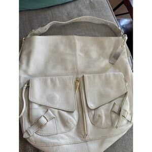 Botkier Cream Pebbled Leather Large Hobo Shoulder Bag Gold Hardware Spike Zip